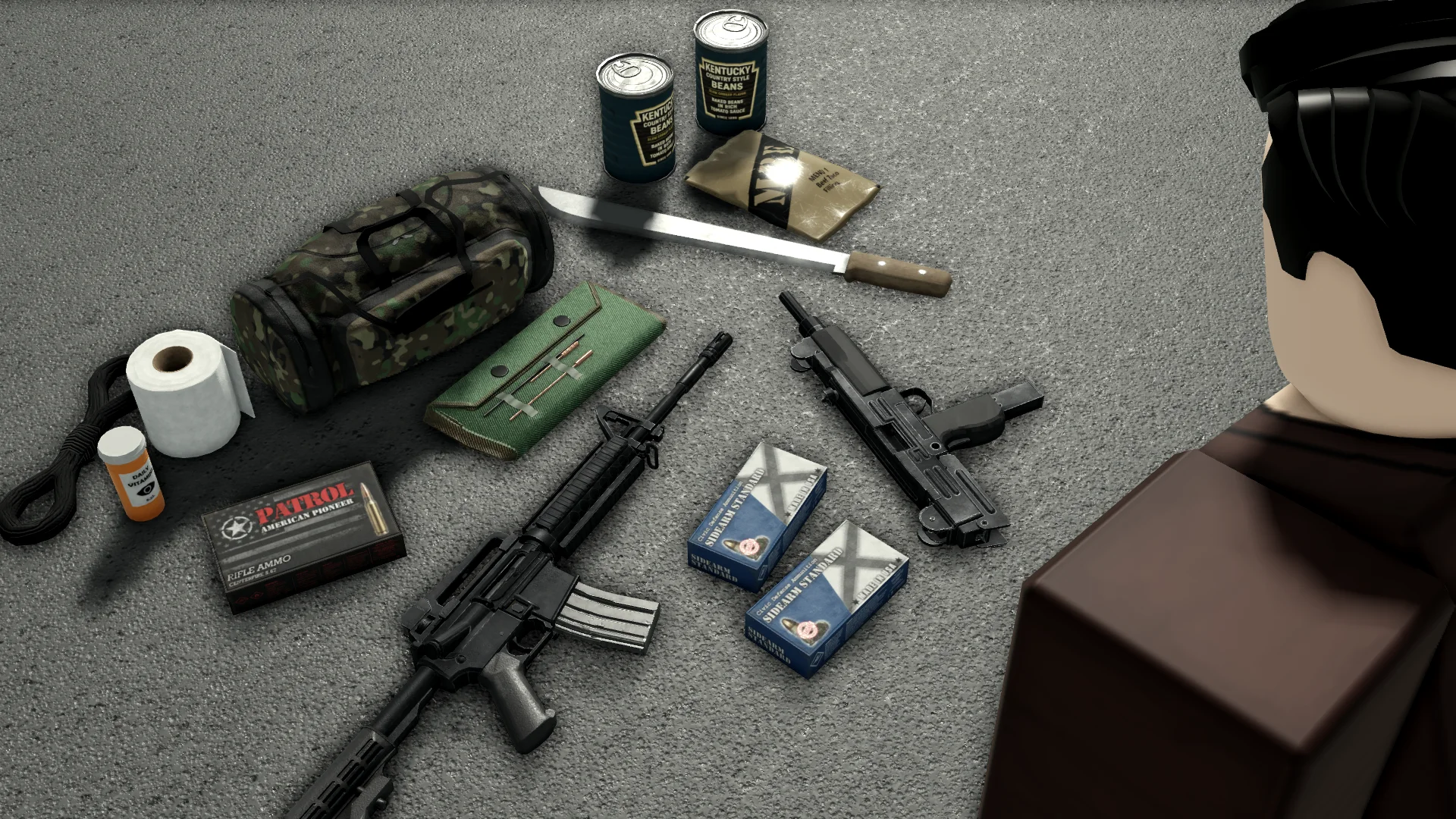 Food, ammunition, a backpack and equipment collected by a survivor