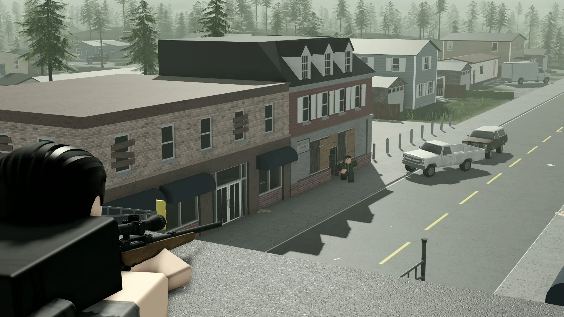 A survivor overlooks a small town from a rooftop